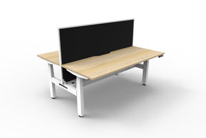 Rapidline Boost Plus electric height adjustable back to back workstation, E0 rated Natural Oak top on a white satin powdercoated frame. Rapidline range image supplied for model B+2PWSCT1575 NO/WS.