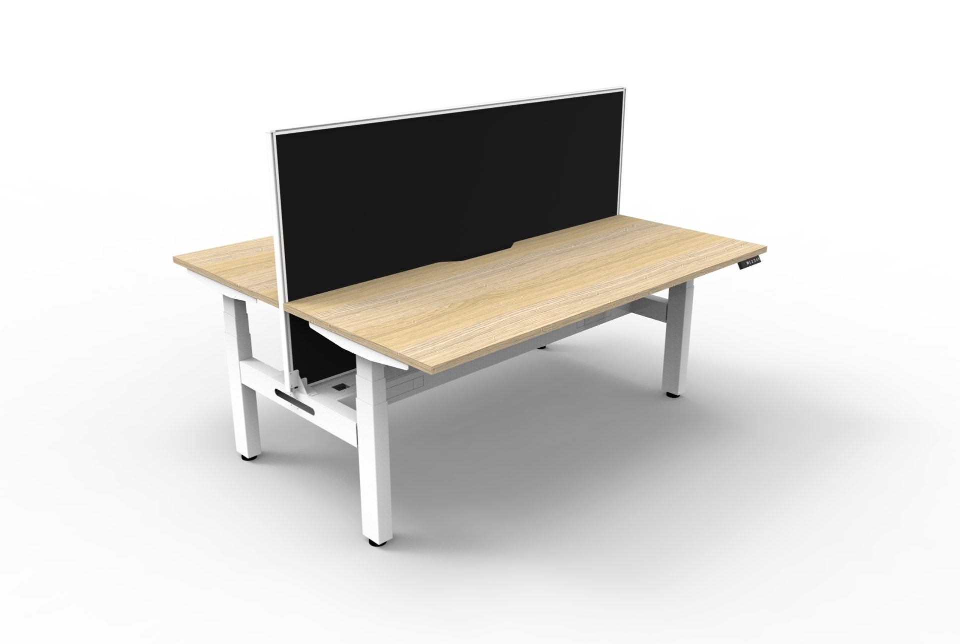 Rapidline Boost Plus electric height adjustable back to back workstation, E0 rated Natural Oak top on a white satin powdercoated frame. Rapidline range image supplied for model B+2PWSCT1875 NO/WS.