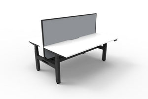 Rapidline Boost Plus electric height adjustable back to back workstation, E0 rated Natural White top on a black satin powdercoated frame. Rapidline range image supplied for model B+2PWSCT1275 NW/BL.