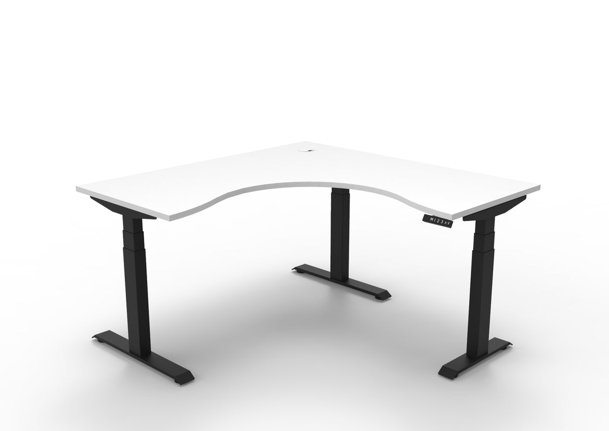 Rapidline Boost Plus electric height adjustable corner workstation, E0 rated Natural White top on a black satin powdercoated frame. Supplied product image for model B+CNR1P1515 NW/BL. View 1.