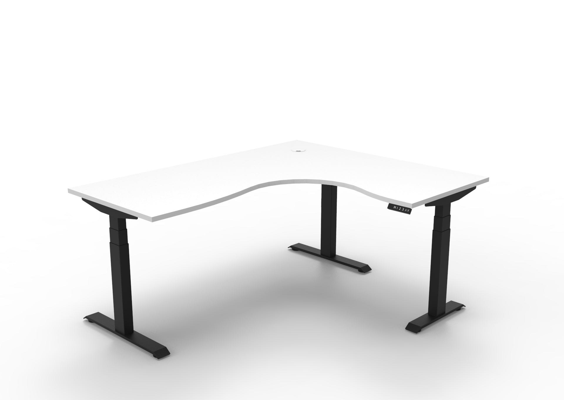 Rapidline Boost Plus electric height adjustable corner workstation, E0 rated Natural White top on a black satin powdercoated frame. Supplied product image for model B+CNR1P1815 NW/BL. View 1.