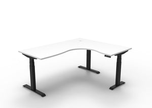Rapidline Boost Plus electric height adjustable corner workstation, E0 rated Natural White top on a black satin powdercoated frame. Supplied product image for model B+CNR1P1815 NW/BL. View 1.