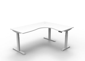 Rapidline Boost Plus electric height adjustable corner workstation, E0 rated Natural White top on a white satin powdercoated frame. Supplied product image for model B+CNR1P1815 NW/WS. View 1.