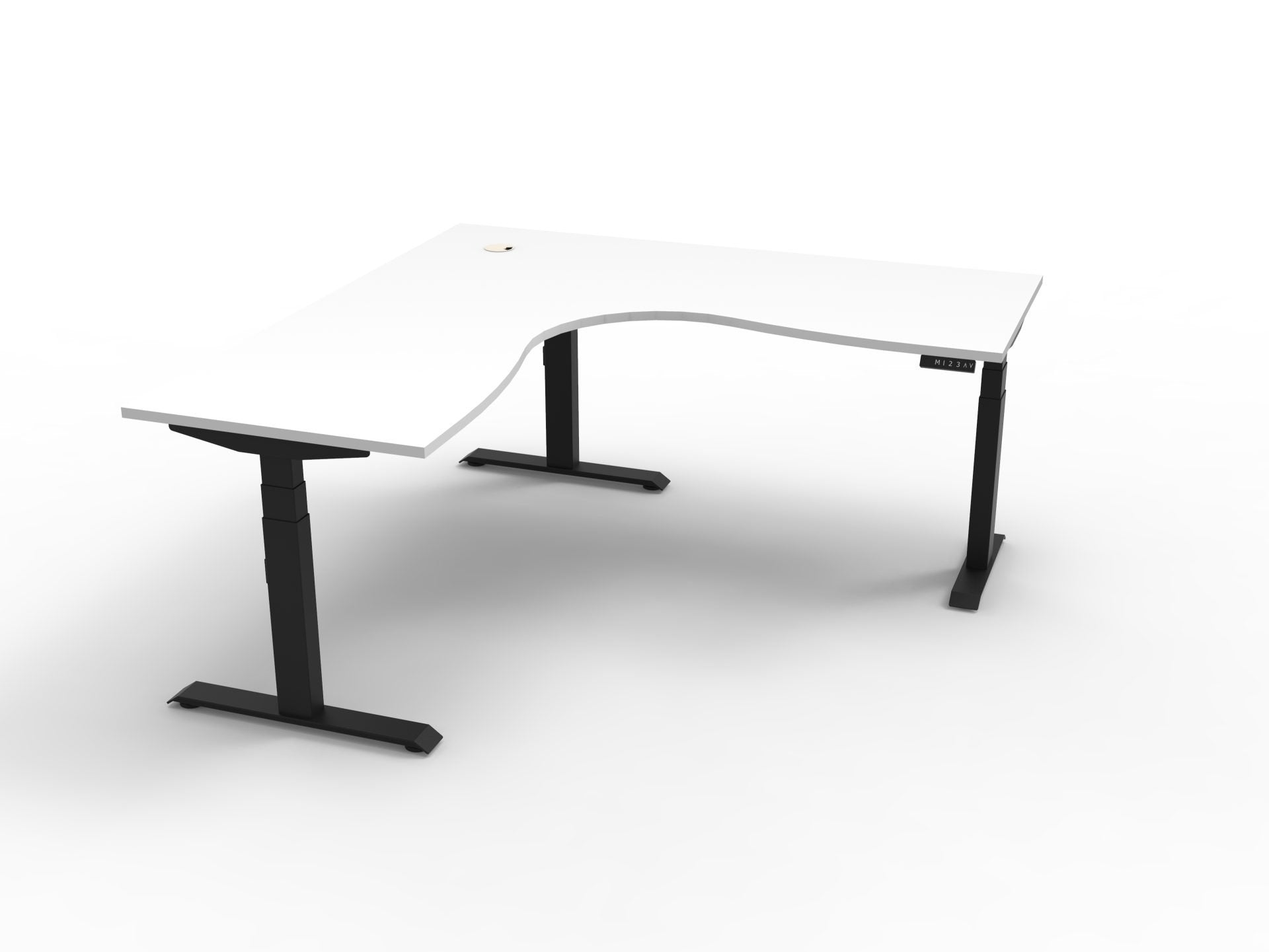 Rapidline Boost Plus electric height adjustable corner workstation, E0 rated Natural White top on a black satin powdercoated frame. Supplied product image for model B+CNR1P1818 NW/BL. View 1.