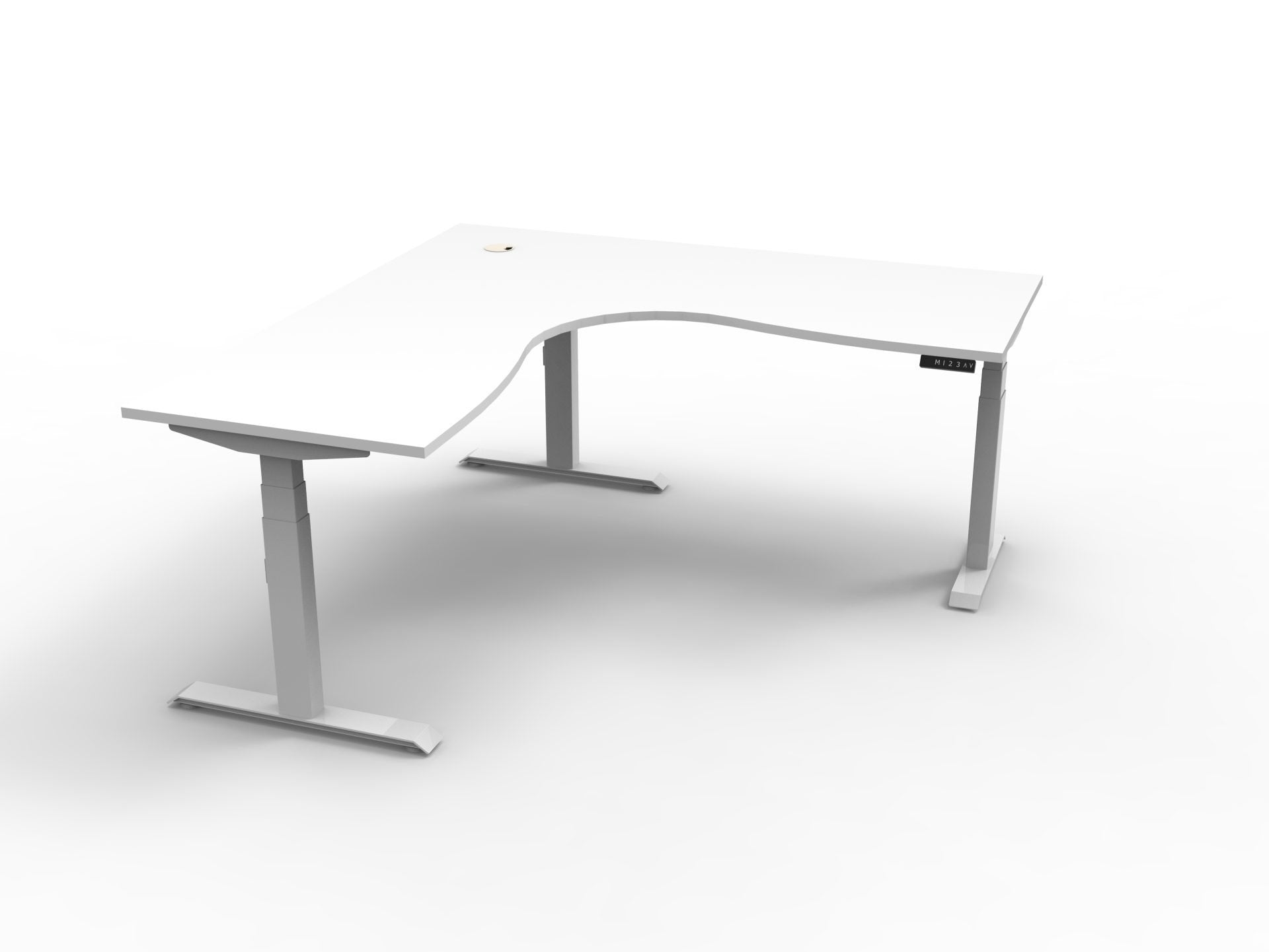Rapidline Boost Plus electric height adjustable corner workstation, E0 rated Natural White top on a white satin powdercoated frame. Supplied product image for model B+CNR1P1818 NW/WS. View 1.