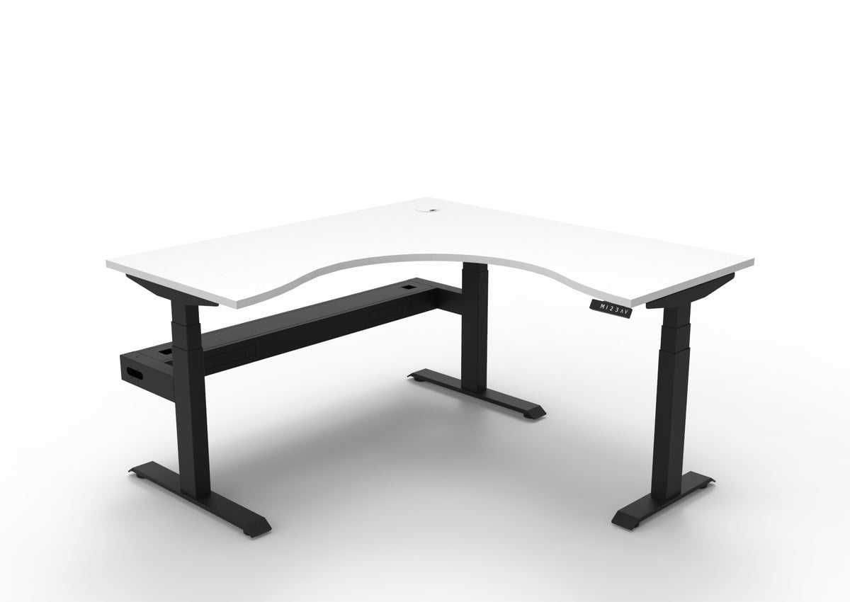 Rapidline Boost Plus electric height adjustable corner workstation, E0 rated Natural White top on a black satin powdercoated frame. Supplied product image for model B+CNRCT1P1515 NW/BL. View 1.