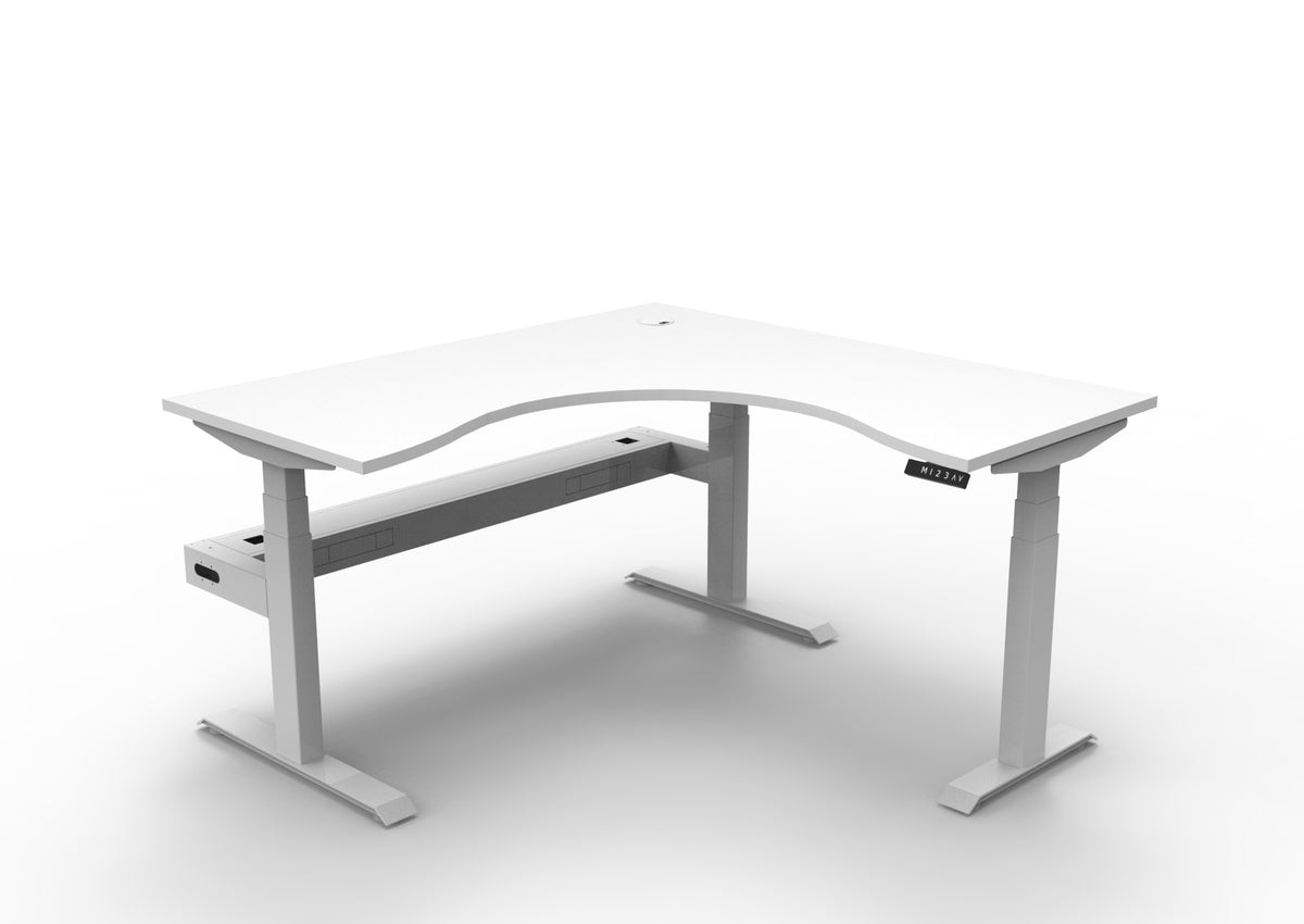 Rapidline Boost Plus electric height adjustable corner workstation, E0 rated Natural White top on a white satin powdercoated frame. Supplied product image for model B+CNRCT1P1515 NW/WS. View 1.