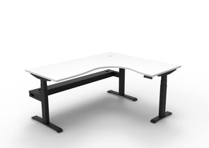Rapidline Boost Plus electric height adjustable corner workstation, E0 rated Natural White top on a black satin powdercoated frame. Supplied product image for model B+CNRCT1P1815 NW/BL. View 1.