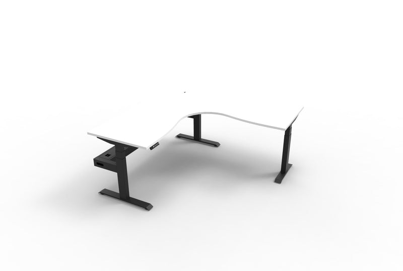 Rapidline Boost Plus electric height adjustable corner workstation, E0 rated Natural White top on a black satin powdercoated frame. Supplied product image for model B+CNRCT1P1818 NW/BL. View 1.