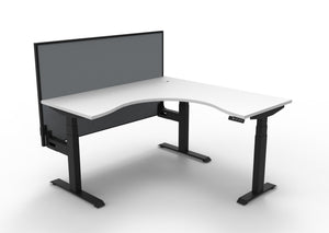 Rapidline Boost Plus electric height adjustable corner workstation, E0 rated Natural White top on a black satin powdercoated frame. Supplied product image for model B+CNRWS1P1515 NW/BL. View 1.