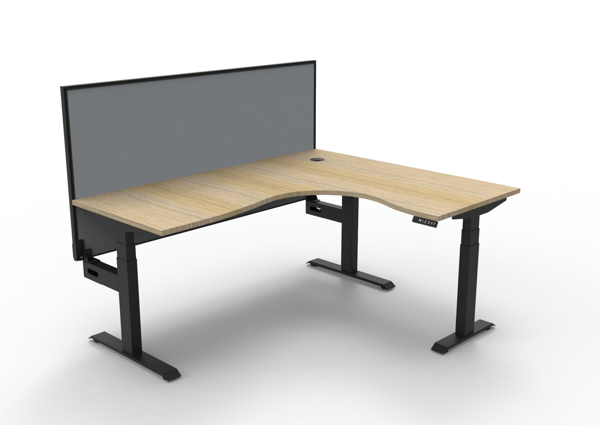 Rapidline Boost Plus electric height adjustable corner workstation, E0 rated Natural Oak top on a black satin powdercoated frame. Supplied product image for model B+CNRWS1P1815 NO/BL. View 1.