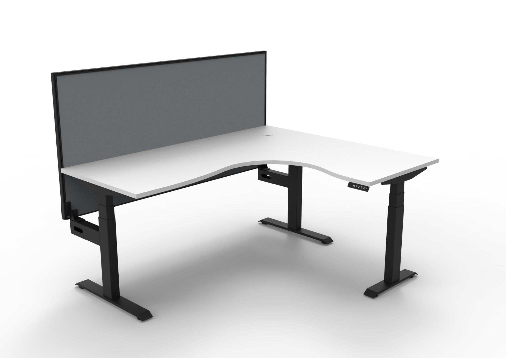 Rapidline Boost Plus electric height adjustable corner workstation, E0 rated Natural White top on a black satin powdercoated frame. Supplied product image for model B+CNRWS1P1815 NW/BL. View 1.
