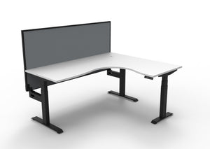 Rapidline Boost Plus electric height adjustable corner workstation, E0 rated Natural White top on a black satin powdercoated frame. Supplied product image for model B+CNRWS1P1815 NW/BL. View 1.