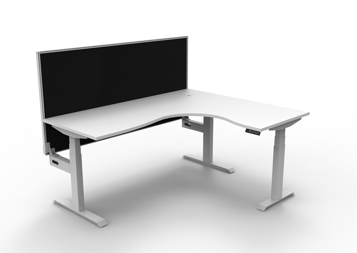 Rapidline Boost Plus electric height adjustable corner workstation, E0 rated Natural White top on a white satin powdercoated frame. Supplied product image for model B+CNRWS1P1815 NW/WS. View 1.