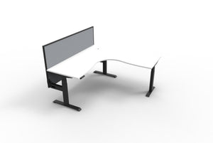 Rapidline Boost Plus electric height adjustable corner workstation, E0 rated Natural White top on a black satin powdercoated frame. Supplied product image for model B+CNRWS1P1818 NW/BL. View 1.
