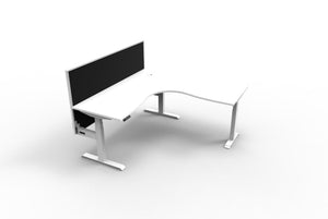 Rapidline Boost Plus electric height adjustable corner workstation, E0 rated Natural White top on a white satin powdercoated frame. Supplied product image for model B+CNRWS1P1818 NW/WS. View 1.