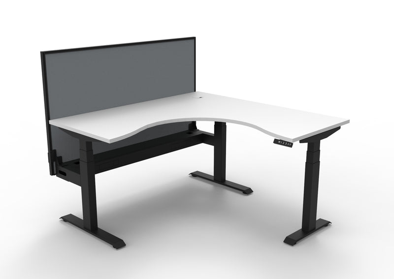 Rapidline Boost Plus electric height adjustable corner workstation, E0 rated Natural White top on a black satin powdercoated frame. Supplied product image for model B+CNRWSCT1P1515 NW/BL. View 1.