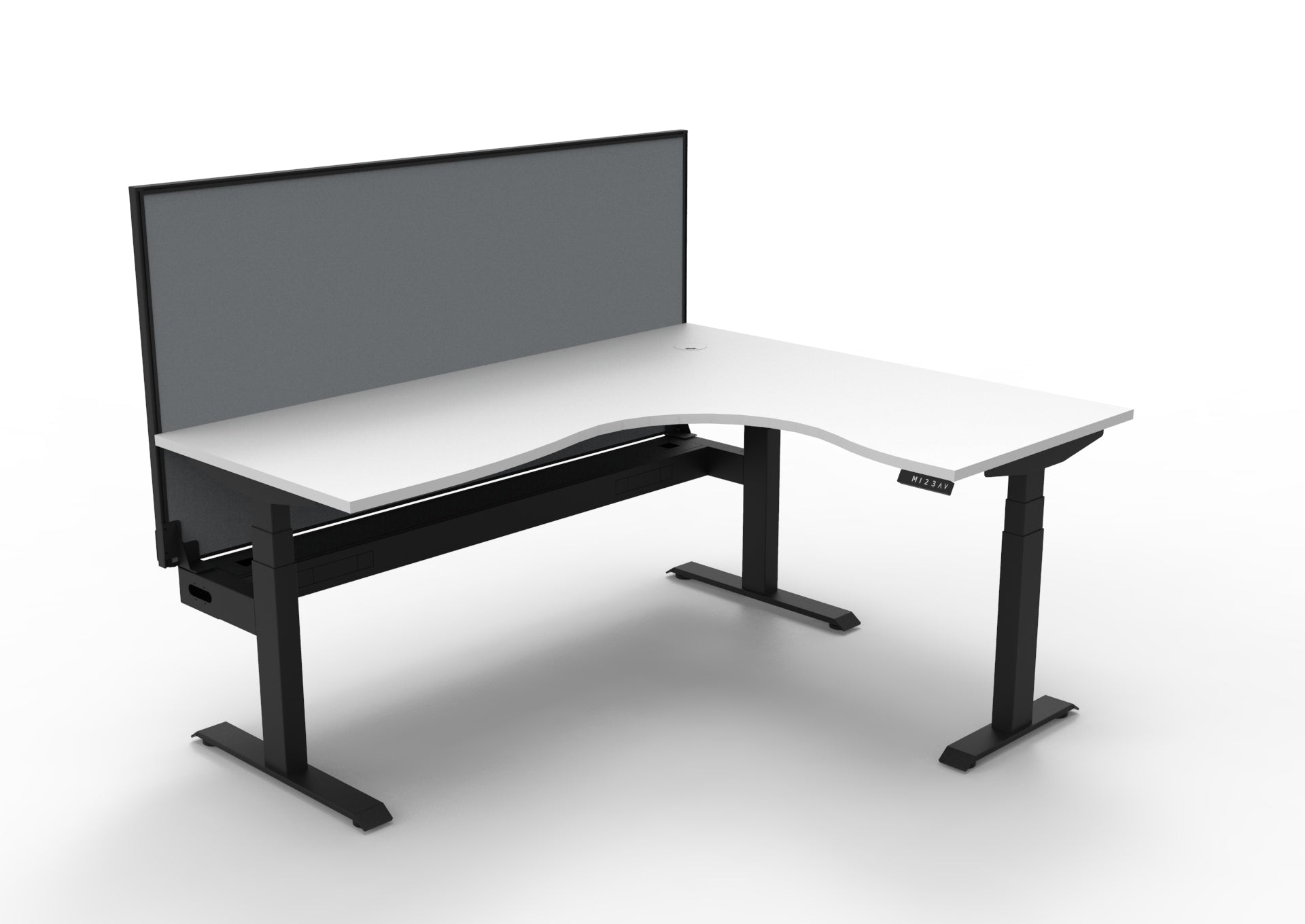 Rapidline Boost Plus electric height adjustable corner workstation, E0 rated Natural White top on a black satin powdercoated frame. Supplied product image for model B+CNRWSCT1P1815 NW/BL. View 1.