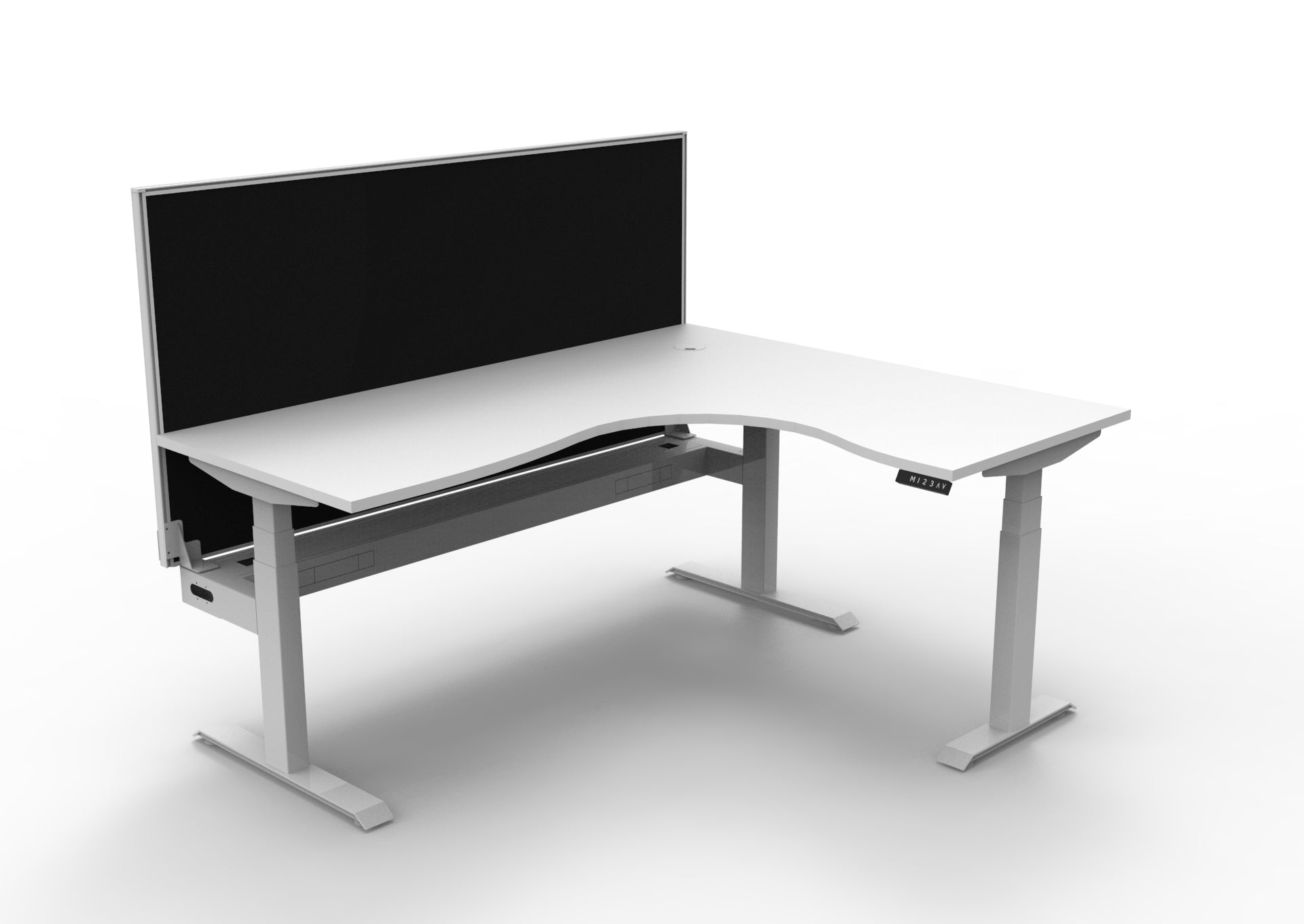 Rapidline Boost Plus electric height adjustable corner workstation, E0 rated Natural White top on a white satin powdercoated frame. Supplied product image for model B+CNRWSCT1P1815 NW/WS. View 1.