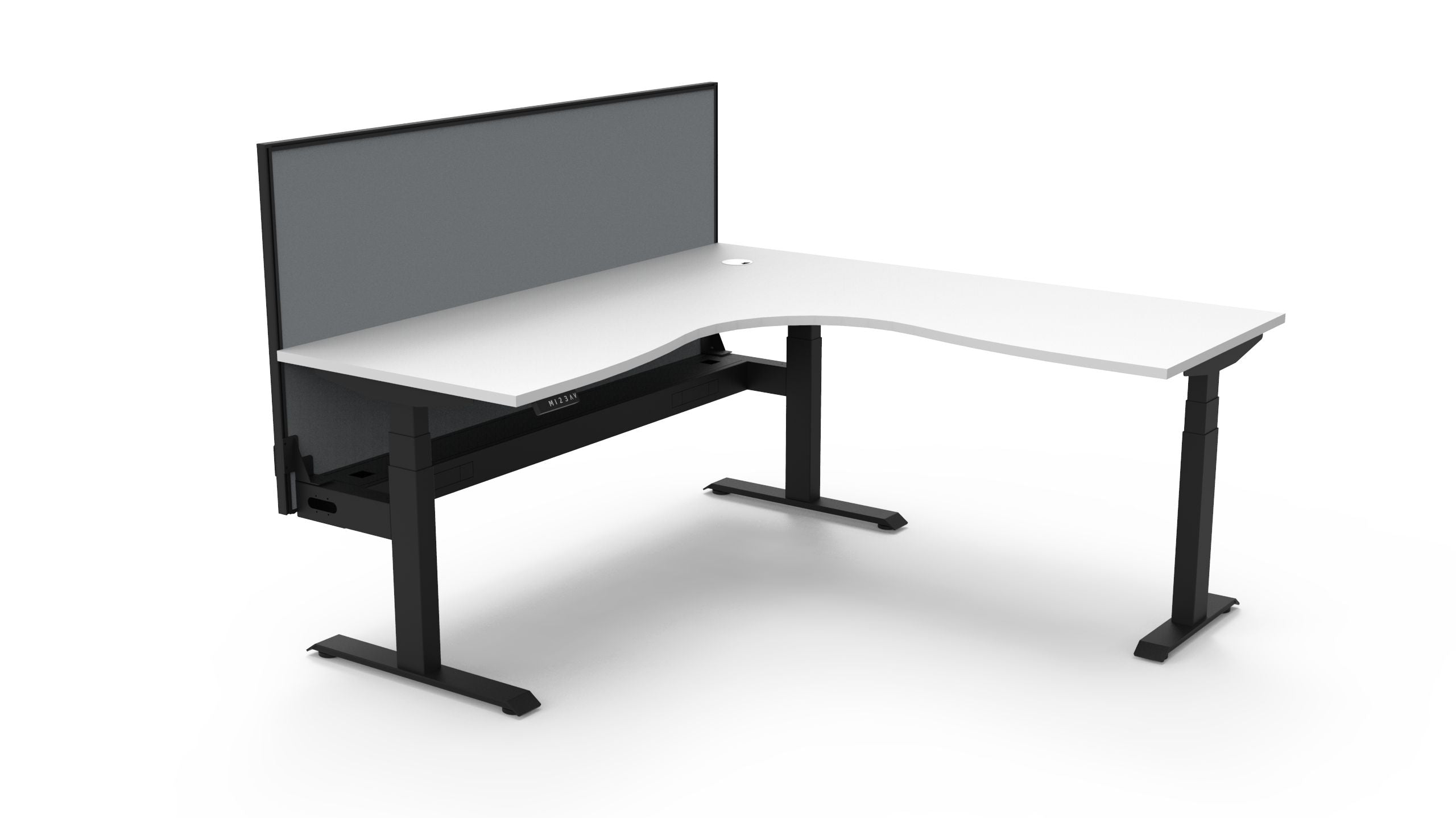 Rapidline Boost Plus electric height adjustable corner workstation, E0 rated Natural White top on a black satin powdercoated frame. Supplied product image for model B+CNRWSCT1P1818 NW/BL. View 1.