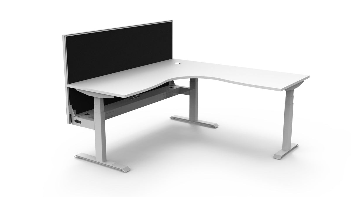Rapidline Boost Plus electric height adjustable corner workstation, E0 rated Natural White top on a white satin powdercoated frame. Supplied product image for model B+CNRWSCT1P1818 NW/WS. View 1.