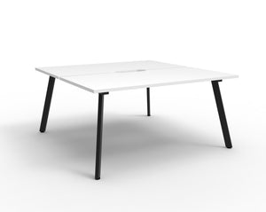 Rapidline Eternity back to back 2 person workstation with Natural White tops on Black Satin angled legs, no screen, three quarter view on a white background
