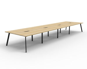 Rapidline Eternity back to back 8 person workstation in Natural Oak with a Black Satin base, no screen, angled studio view on a white background