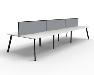 Rapidline Eternity back to back 6 person workstation with Natural White tops, Black Satin legs and Grey fabric SHUSH30 screens, angled view of the full pod