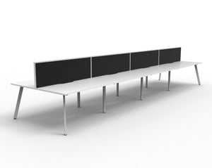 Rapidline Eternity back to back 8 person workstation with Natural White tops, White Satin legs and Black fabric SHUSH30 screens, angled view of the full pod