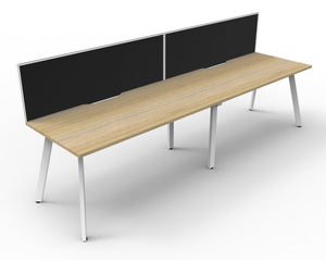 Rapidline Eternity single sided 2 person workstation with natural oak tops, a white satin base and black fabric screens, angled studio render on a white background