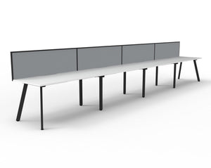 Angled view of the Rapidline Eternity single sided 4 person workstation with Natural White tops, Black Satin legs and a grey fabric SHUSH30 screen.