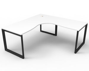Rapidline Deluxe Rapid Infinity loop leg corner workstation with a natural white top and black satin loop leg frame, angled studio render