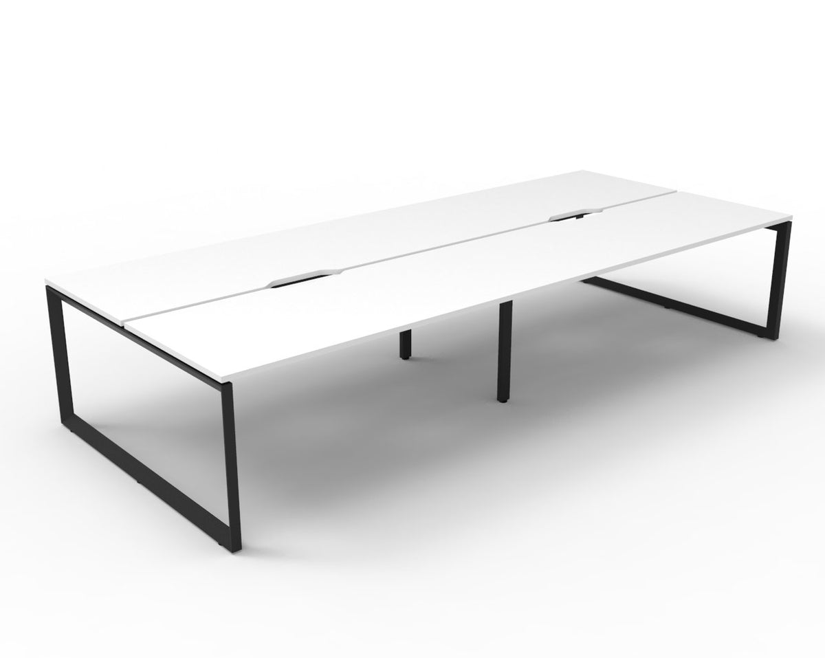Rapidline Deluxe Infinity back to back bench workstation in Natural White and Black Satin. Supplied product image for model D-ILLD4P1275 NW/BL.