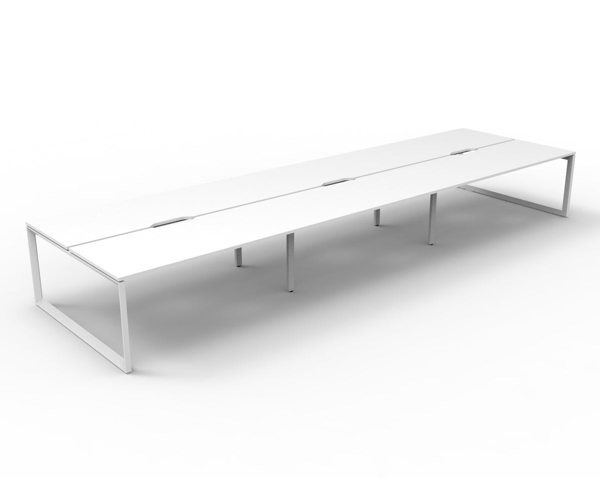 Rapidline Deluxe Infinity back to back loop leg workstation, 6 person pod with Natural White top and White Satin base, angled view of the full run