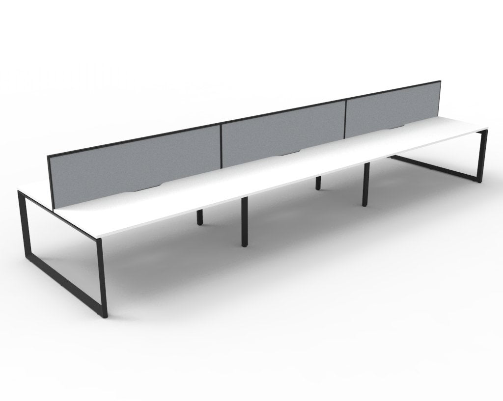 Rapidline Deluxe Infinity 6 person back to back loop leg workstation in Natural White and Black Satin with grey fabric screens, angled studio render from the front corner