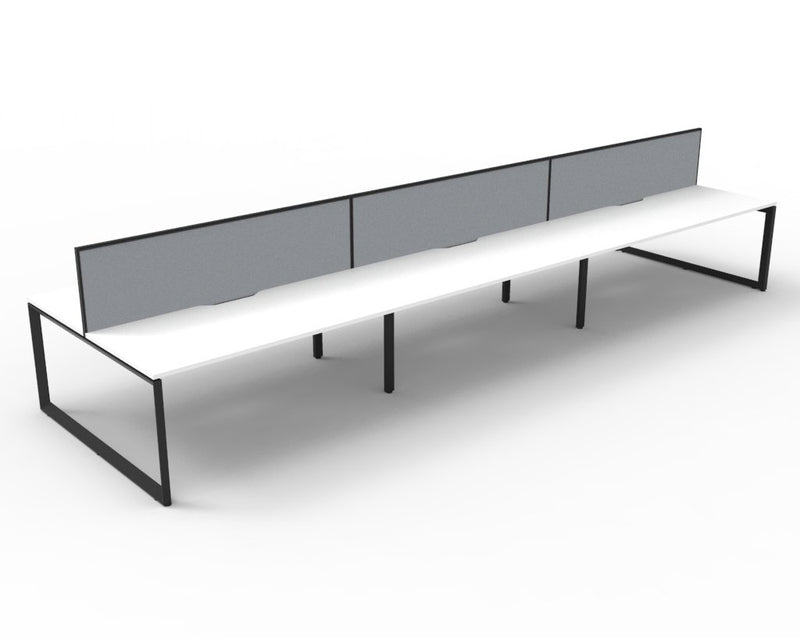 Rapidline Deluxe Infinity 6 person back to back loop leg workstation in Natural White and Black Satin with grey fabric screens, angled studio render from the front corner