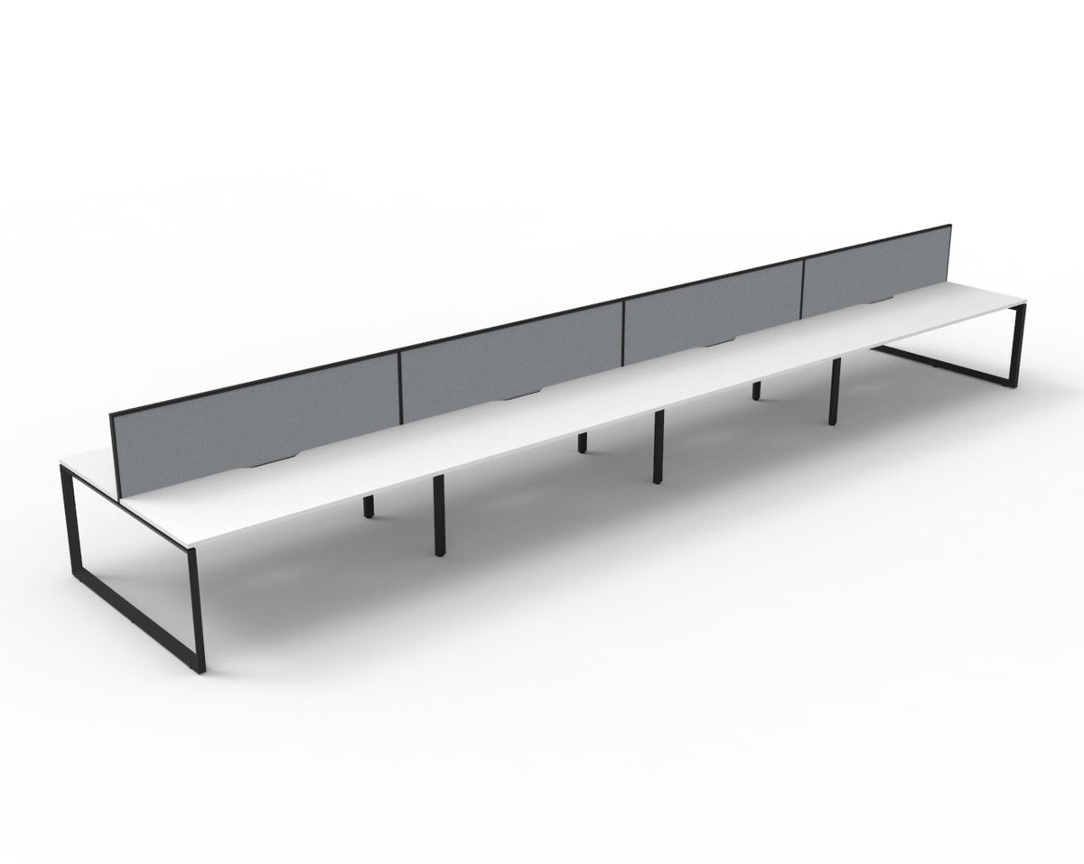 Rapidline Deluxe Infinity 8 person back to back loop leg workstation in Natural White and Black Satin with grey fabric screens, angled studio render from the front corner