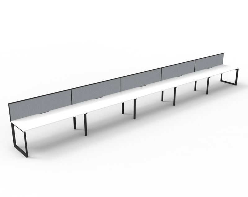 Rapidline Deluxe Infinity single sided bench workstation with screens for five people. Rapidline range image supplied for model D-ILLS5P1275 NO/BL, shown in another finish. View 3.