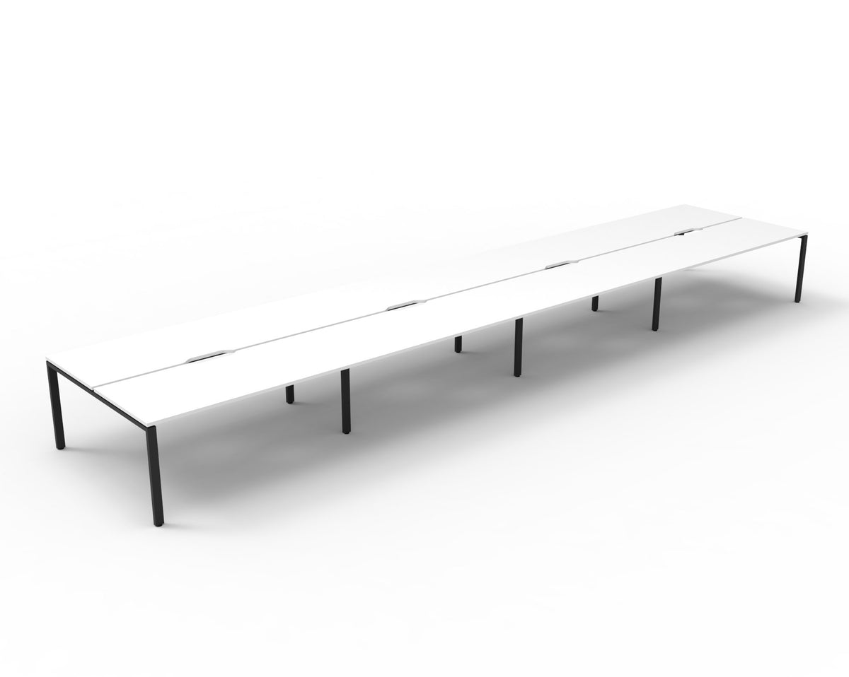 Rapidline Deluxe Infinity back to back bench workstation in Natural White and Black Satin. Supplied product image for model D-IPLD8P1875 NW/BL.