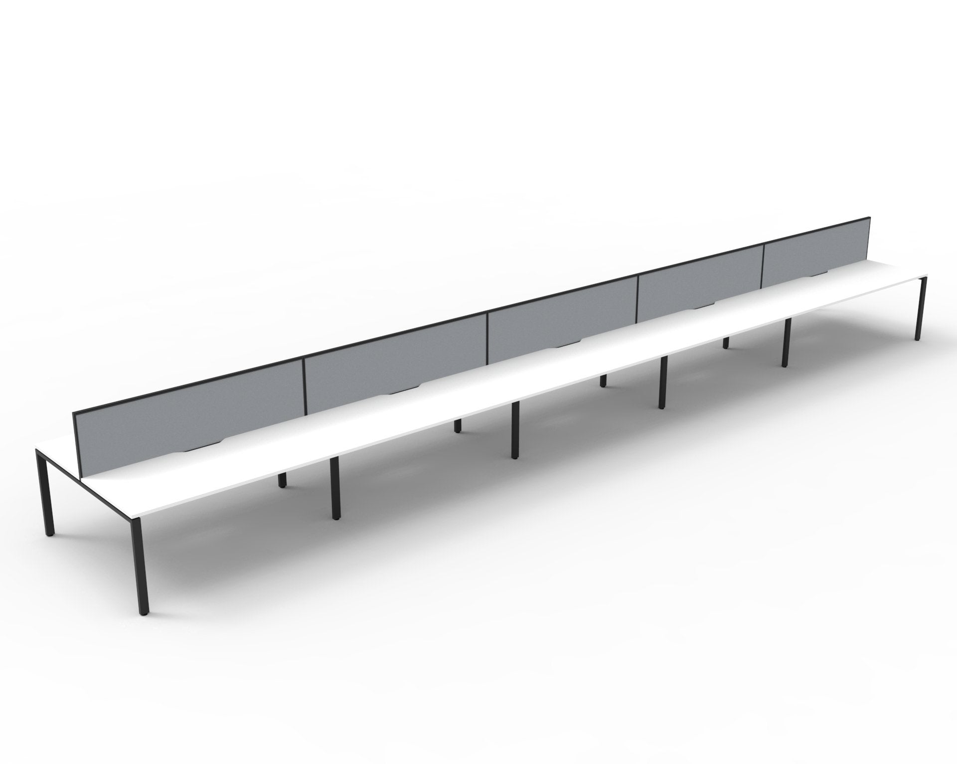 Rapidline Deluxe Infinity back to back bench workstation with screens for ten people. Rapidline range image supplied for model D-IPLD10P1875 NO/BL, shown in another finish. View 2.