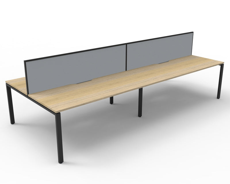 Rapidline Deluxe Infinity back to back bench workstation with screens for four people in Natural Oak and Black Satin. Rapidline range image supplied for model D-IPLD4P1875 NO/BL. View 2.