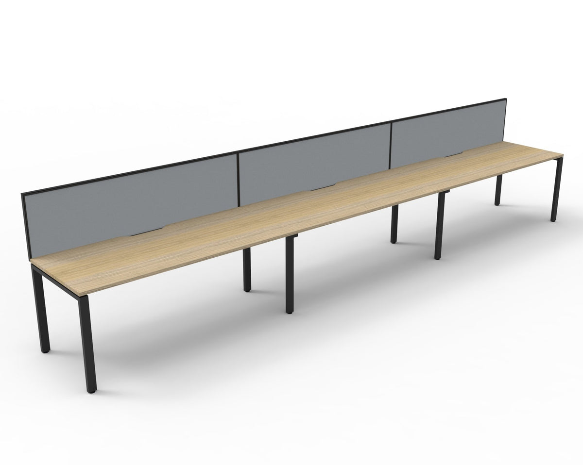 Rapidline Deluxe Infinity single sided bench workstation with screens for three people in Natural Oak and Black Satin. Rapidline range image supplied for model D-IPLSWS3P1275 NO/BL. View 1.