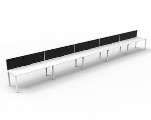 Rapidline Deluxe Infinity single sided profile leg workstation, pod of five desks with Natural White tops, White Satin base and a black fabric screen, angled studio render from the left end