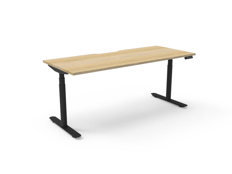 Rapidline Halo Plus electric height adjustable single sided workstation on 70mm diameter round columns, E0 rated Natural Oak top with a black satin powdercoated frame. Rapidline range image supplied for model H+1P1875 NO/BL.