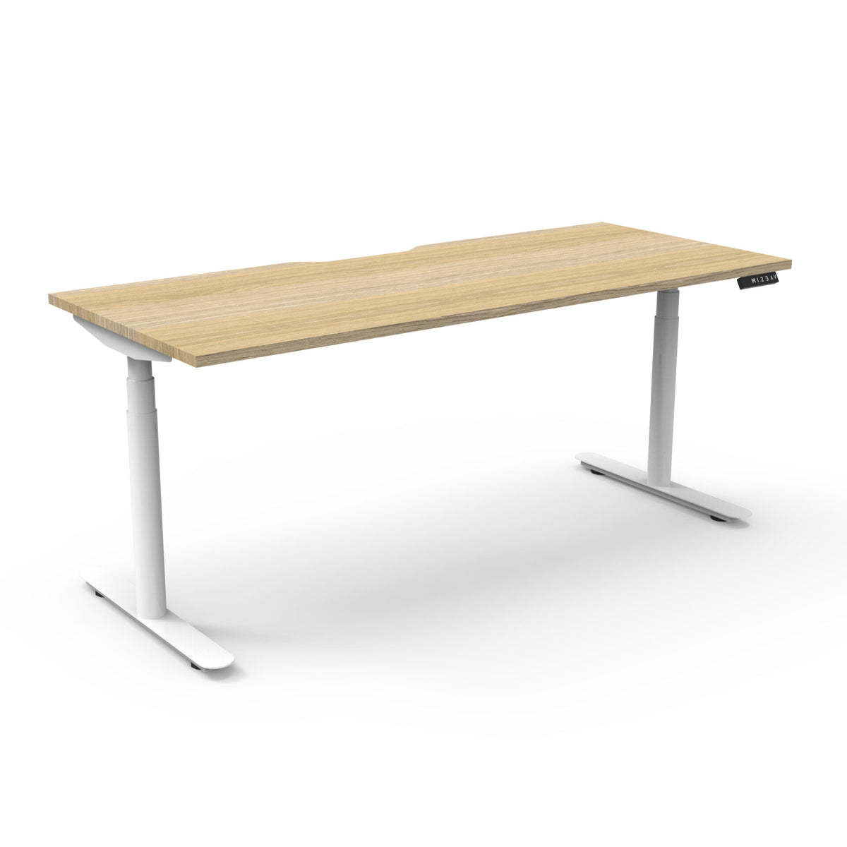 Rapidline Halo Plus electric height adjustable single sided workstation on 70mm diameter round columns, E0 rated Natural Oak top with a white satin powdercoated frame. Rapidline range image supplied for model H+1P1575 NO/WS.