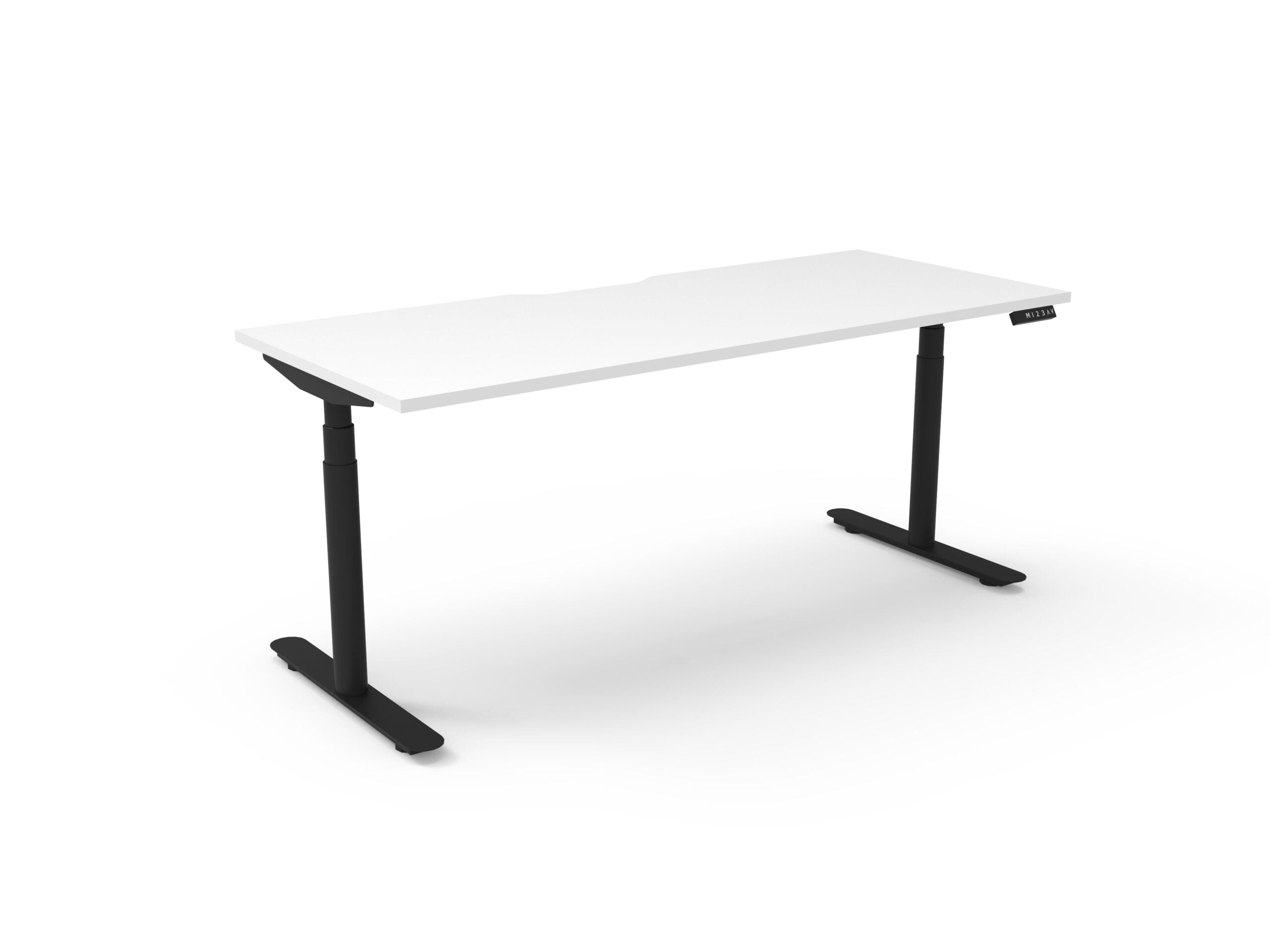 Rapidline Halo Plus electric height adjustable single sided workstation on 70mm diameter round columns, E0 rated Natural White top with a black satin powdercoated frame. Rapidline range image supplied for model H+1P1575 NW/BL.