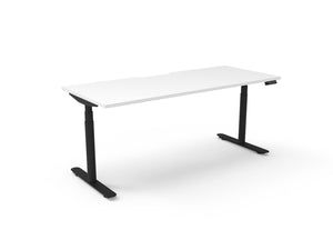 Rapidline Halo Plus electric height adjustable single sided workstation on 70mm diameter round columns, E0 rated Natural White top with a black satin powdercoated frame. Rapidline range image supplied for model H+1P1575 NW/BL.