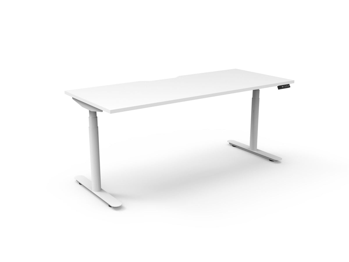 Rapidline Halo Plus electric height adjustable single sided workstation on 70mm diameter round columns, E0 rated Natural White top with a white satin powdercoated frame. Rapidline range image supplied for model H+1P1875 NW/WS.