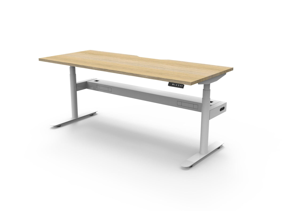 Rapidline Halo Plus electric height adjustable single sided workstation on 70mm diameter round columns, E0 rated Natural Oak top with a white satin powdercoated frame, fitted ducted cable tray. Rapidline range image supplied for model H+1PCT1275 NO/WS.