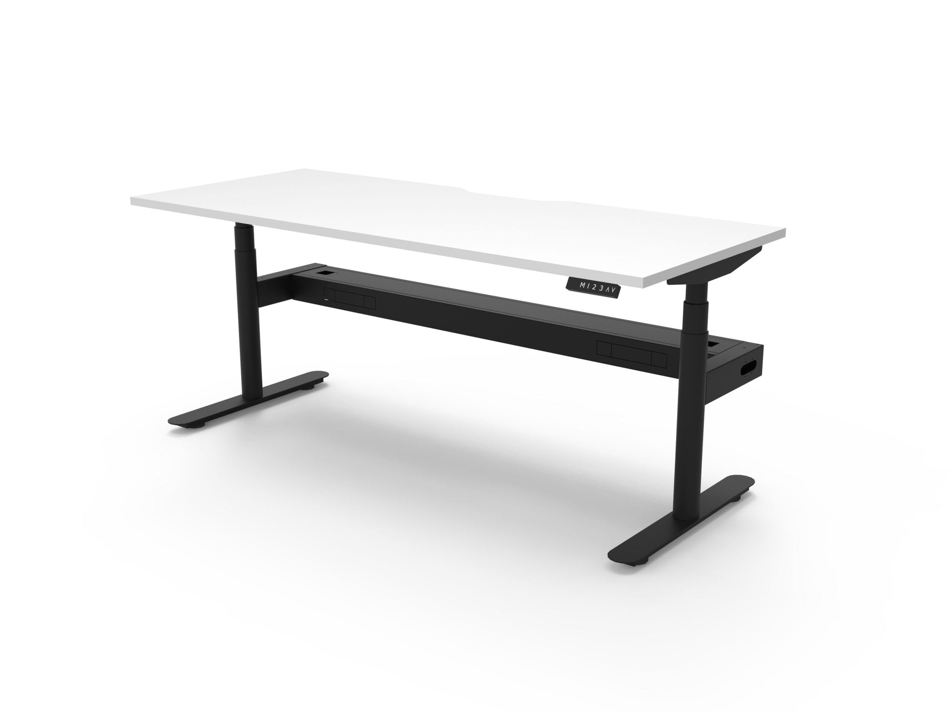Rapidline Halo Plus electric height adjustable single sided workstation on 70mm diameter round columns, E0 rated Natural White top with a black satin powdercoated frame, fitted ducted cable tray. Rapidline range image supplied for model H+1PCT1575 NW/BL.